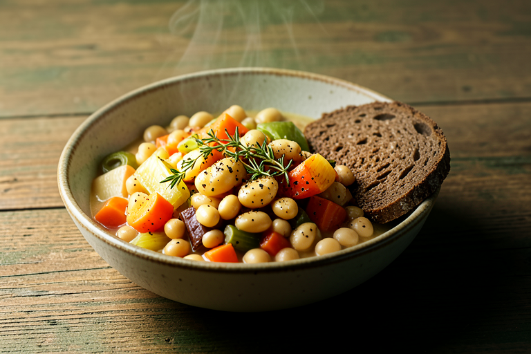 Exas-generated illustration of a vegan white bean stew with autumn root vegetables, herbs and rye bread.
