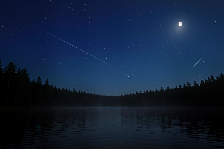 AI-generated realistic illustration made with Exas: meteors above a moonlit forest lake. An imagined scene, not a telescope observation, sky map or forecast of the Orionids.