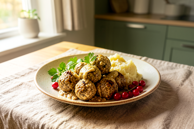 Exas-generated illustration of vegan lentil and mushroom balls with oat sauce, potatoes and lingonberries on a Scandinavian autumn table.