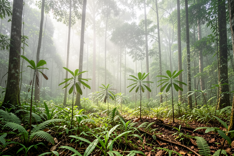 AI-generated realistic illustration made with Exas: young vegetation beside established tropical forest. An imagined scene, not a photograph of the study sites or a measured restoration outcome.