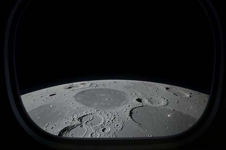 AI-generated visual reconstruction of a tiny lunar impact flash seen through a spacecraft window; not an Artemis II photograph or measured visualization.