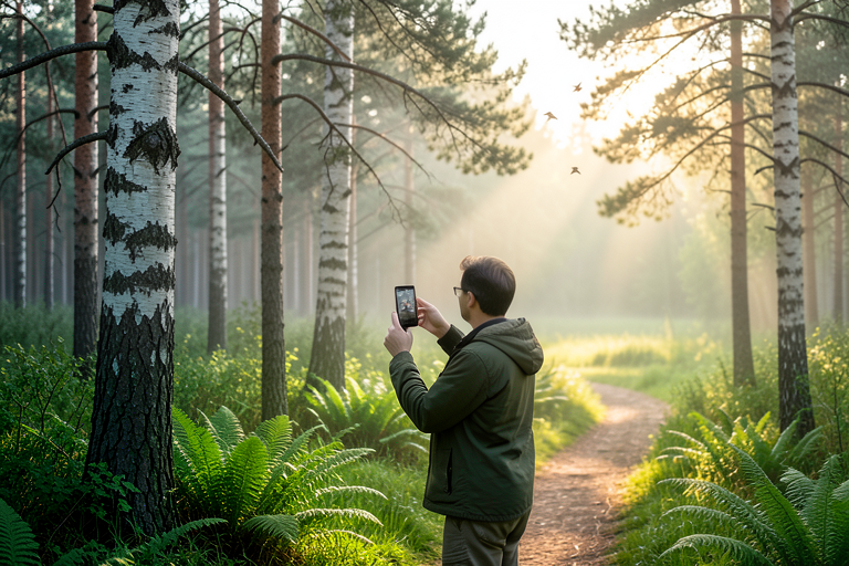 AI-generated Exas illustration: A person holds a smartphone while listening quietly beside a birch-and-pine woodland path. Not a photograph of the people or projects discussed.