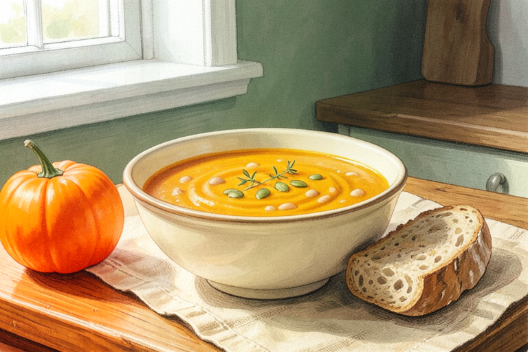 Exas AI illustration of orange pumpkin and white bean soup topped with pumpkin seeds, with squash, carrots and bread nearby.