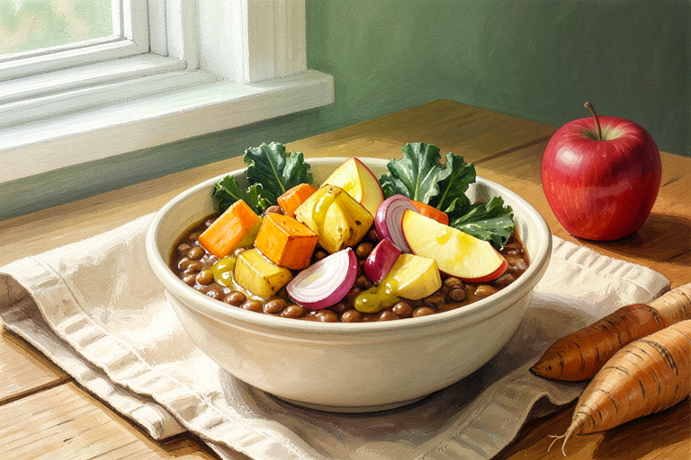 Exas AI illustration of lentils topped with roasted potatoes, carrots, parsnips, red onion, apple wedges and kale in a ceramic bowl.