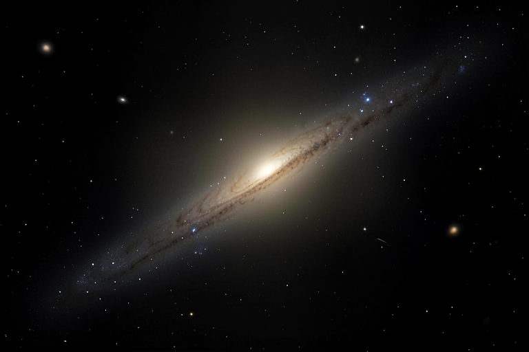 AI-generated astronomical illustration made with Exas: an edge-on spiral galaxy. Not Hubble data, an observation of NGC 1827 or a measured scientific model.