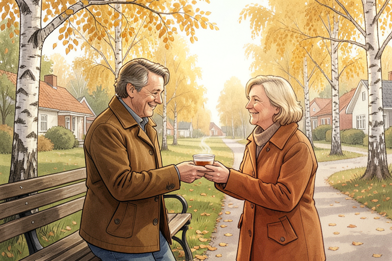 AI-generated Exas illustration: two neighbours sharing a warm drink beside a park bench among golden autumn birches. An imagined scene, not a photograph.