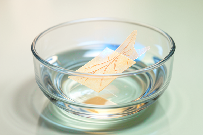 AI-generated Exas illustration of an imagined translucent two-fin membrane swimming under blue light in a laboratory dish; not the MIT prototype.