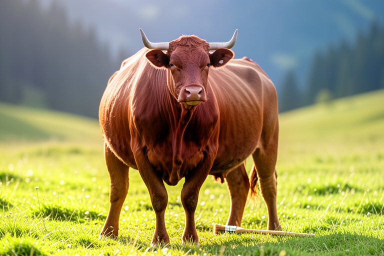 AI-generated realistic illustration made with Exas: a brown cow in a pasture with a brush nearby. Not a photograph of Veronika or a demonstration of the experimental behaviour.