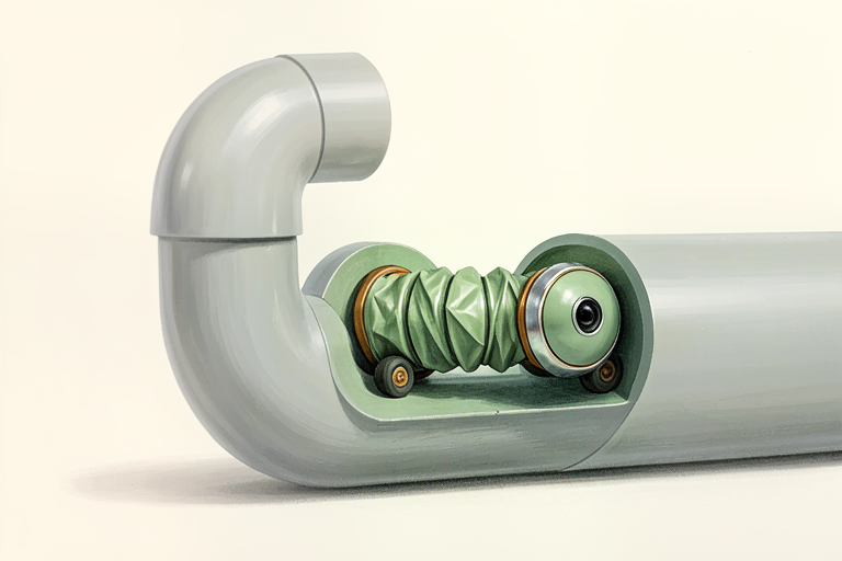 AI-generated Exas illustration of an imagined origami-bodied inspection robot inside a curved pipe; not a photograph or exact model of SPPIRO.