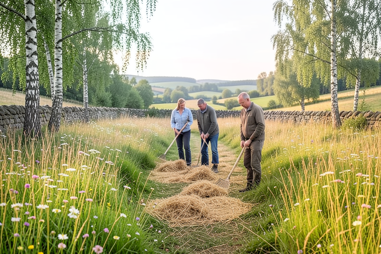 AI-generated Exas illustration: Three volunteers rake cut hay beside standing meadow flowers, with birch trees and a stone wall behind them. Not a photograph of the people or projects discussed.