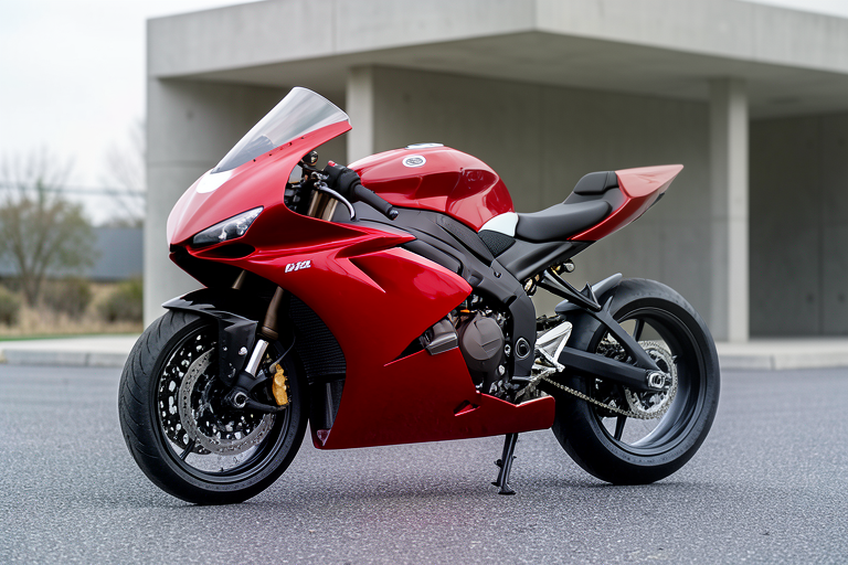 Photorealistic Exas AI illustration of a red supersport motorbike inspired by the Ducati Superleggera V4 Centenario, with carbon details and winglets.