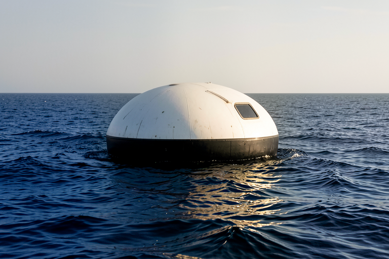 AI-generated realistic reconstruction made with Exas: a crew capsule floating after splashdown. An imagined scene, not a photograph of Crew-12 or an exact technical model.