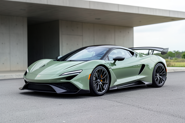 Photorealistic Exas AI illustration of a sage-green hypercar inspired by the Rimac Nevera R, with carbon-fibre details and a fixed rear wing.