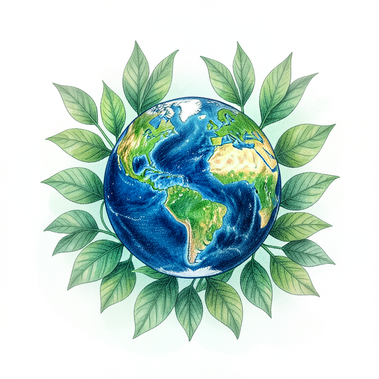 Illustrated Earth surrounded by green leaves, created with Exas