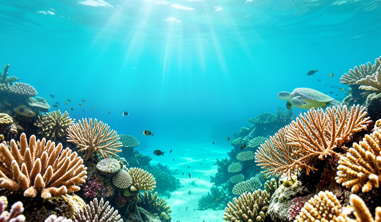 An Exas-generated reef scene with fish and a turtle sharing clear blue water