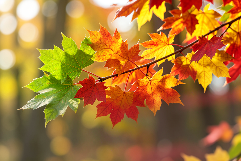 AI-generated Exas illustration of green, gold and red maple leaves in an imagined autumn woodland; not a wildlife photograph.