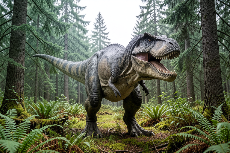 AI-generated realistic natural-history illustration created with Exas: Tyrannosaurus rex in a Cretaceous forest; not a historical photograph.