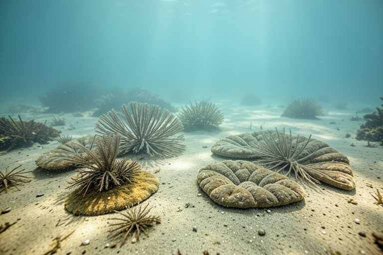 AI-generated realistic natural-history reconstruction created with Exas: soft-bodied Ediacaran seafloor life; speculative, not a fossil photograph.