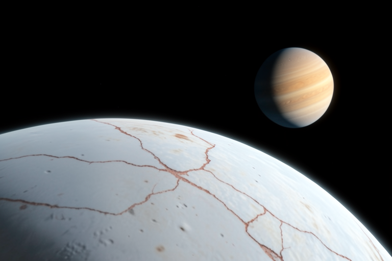 AI-generated Exas concept illustration of Europa’s cracked icy surface with Jupiter in the distance; not a telescope image or spacecraft observation.