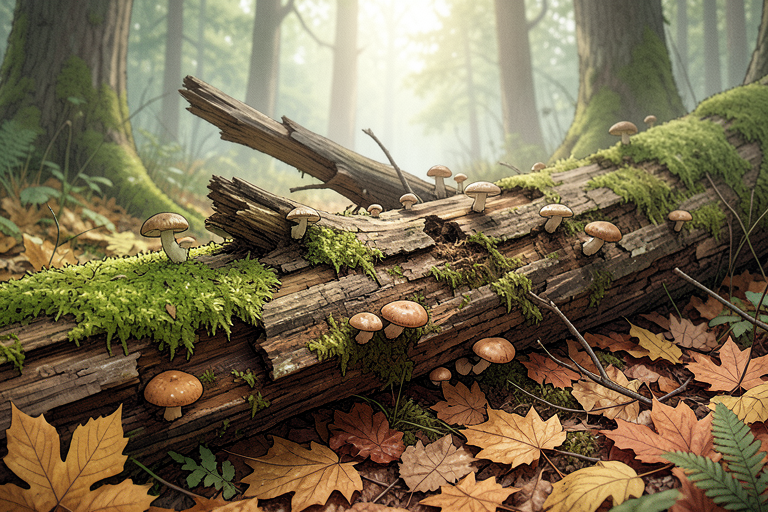 AI-generated Exas illustration of mushrooms and moss on an imagined fallen woodland log; not a species-identification photograph.