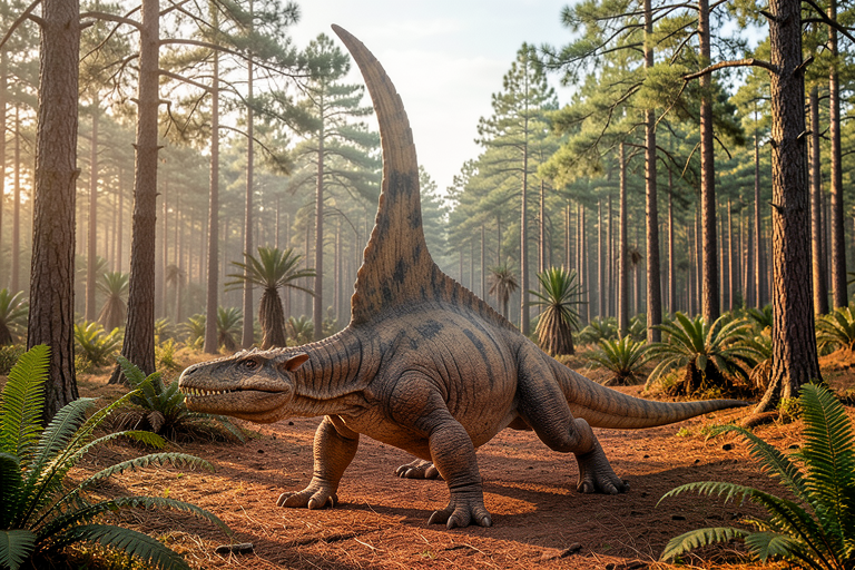 AI-generated realistic natural-history illustration created with Exas: a sail-backed Dimetrodon in a Permian forest; not a fossil photograph.